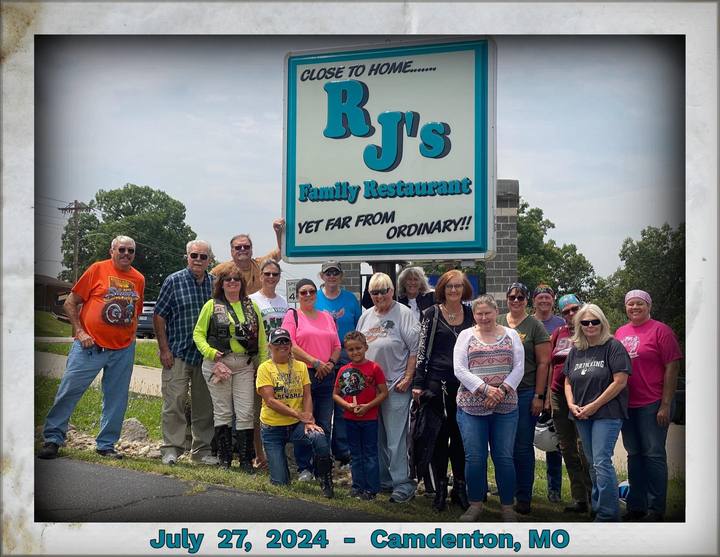 Missouri riders outside KJ's Family Restaurant in Camdenton, July 27, 2024