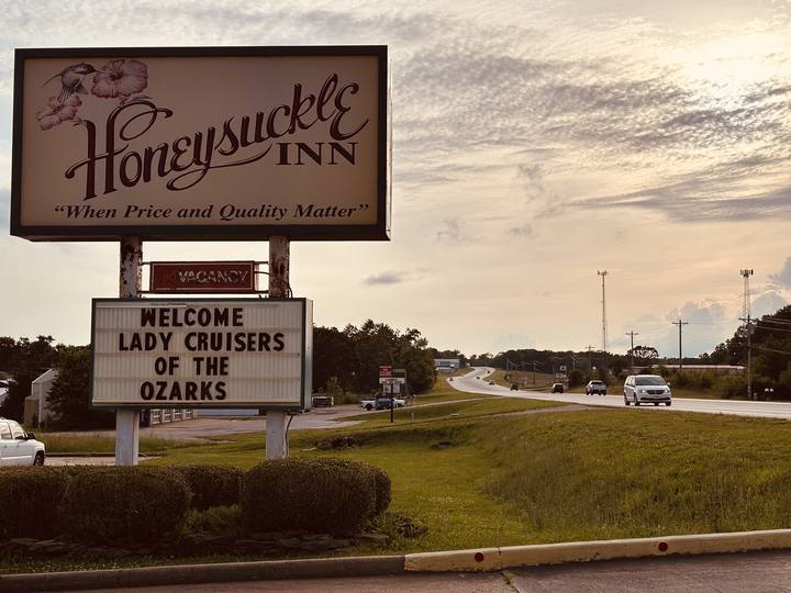 The Honeysuckle Inn sign reading Welcome Lady Cruisers of the Ozarks